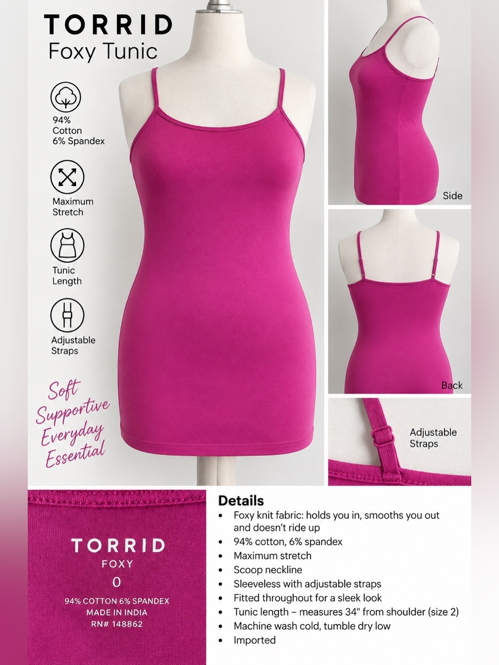 Torrid Foxy Tunic Cami 93% Cotton Wild Aster Pink Size 0/12 NWT